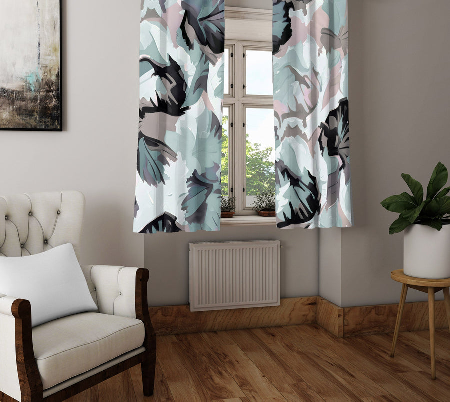 Abstract Window Curtain - Blue and Gray Watercolor Leaves - Deja Blue Studios