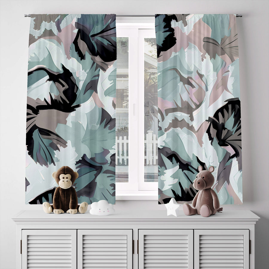 Abstract Window Curtain - Blue and Gray Watercolor Leaves - Deja Blue Studios