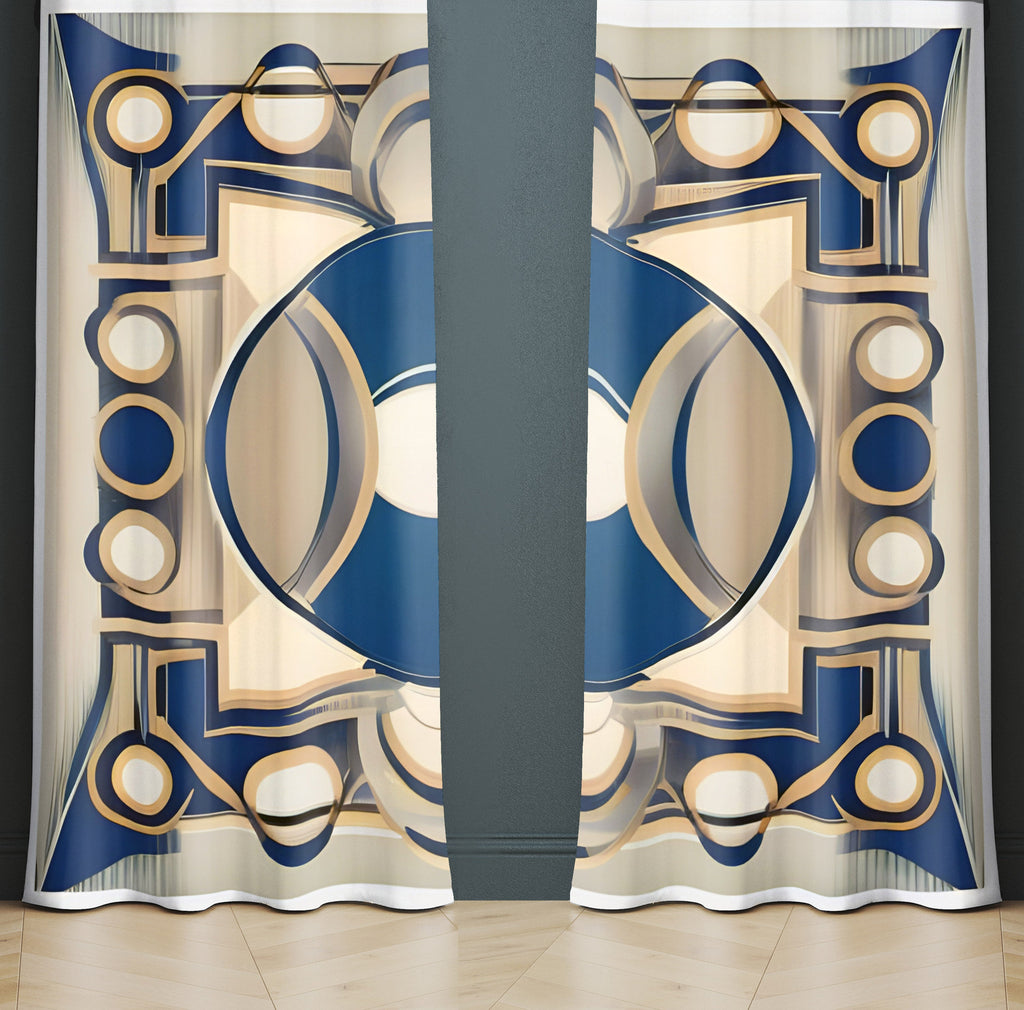 Abstract Window Curtain - Blue and Tan Kaleidoscope - Deja Blue Studios