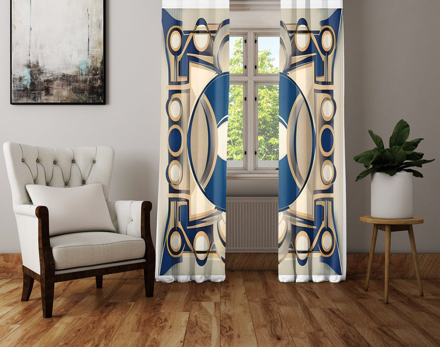 Abstract Window Curtain - Blue and Tan Kaleidoscope - Deja Blue Studios