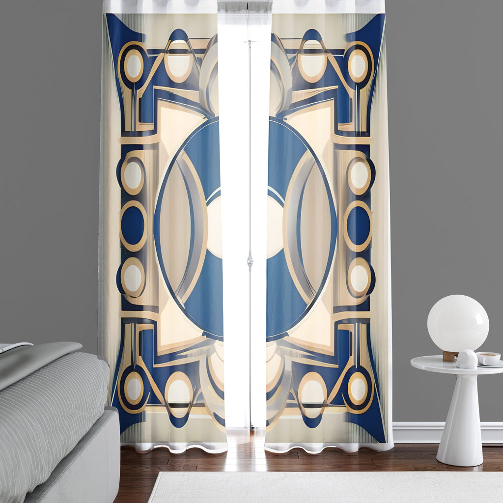 Abstract Window Curtain - Blue and Tan Kaleidoscope - Deja Blue Studios