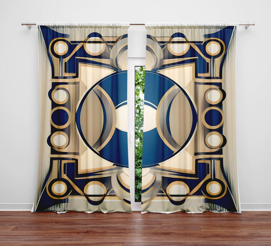 Abstract Window Curtain - Blue and Tan Kaleidoscope - Deja Blue Studios