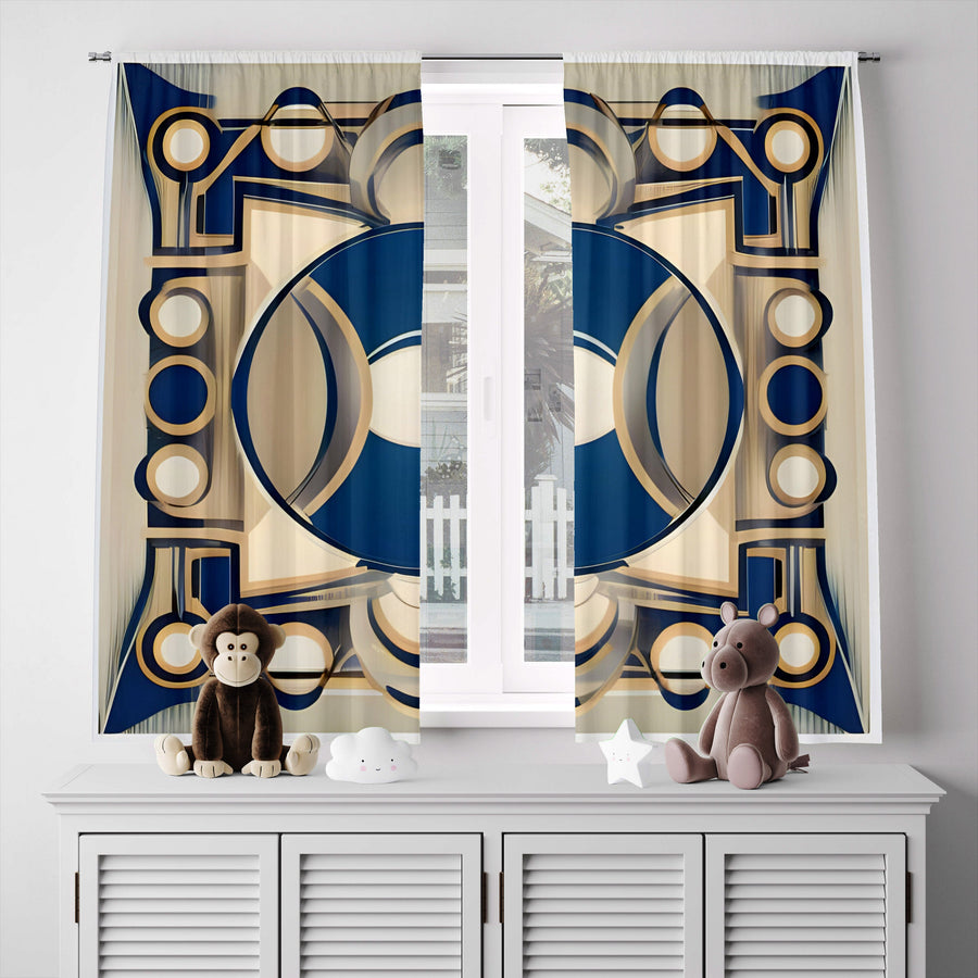 Abstract Window Curtain - Blue and Tan Kaleidoscope - Deja Blue Studios