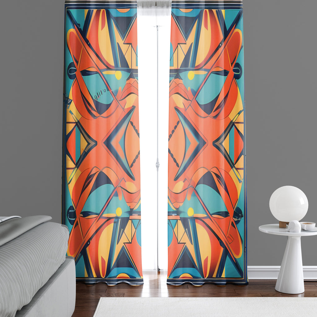 Abstract Window Curtain - Blue and Orange Retro Pattern - Deja Blue Studios
