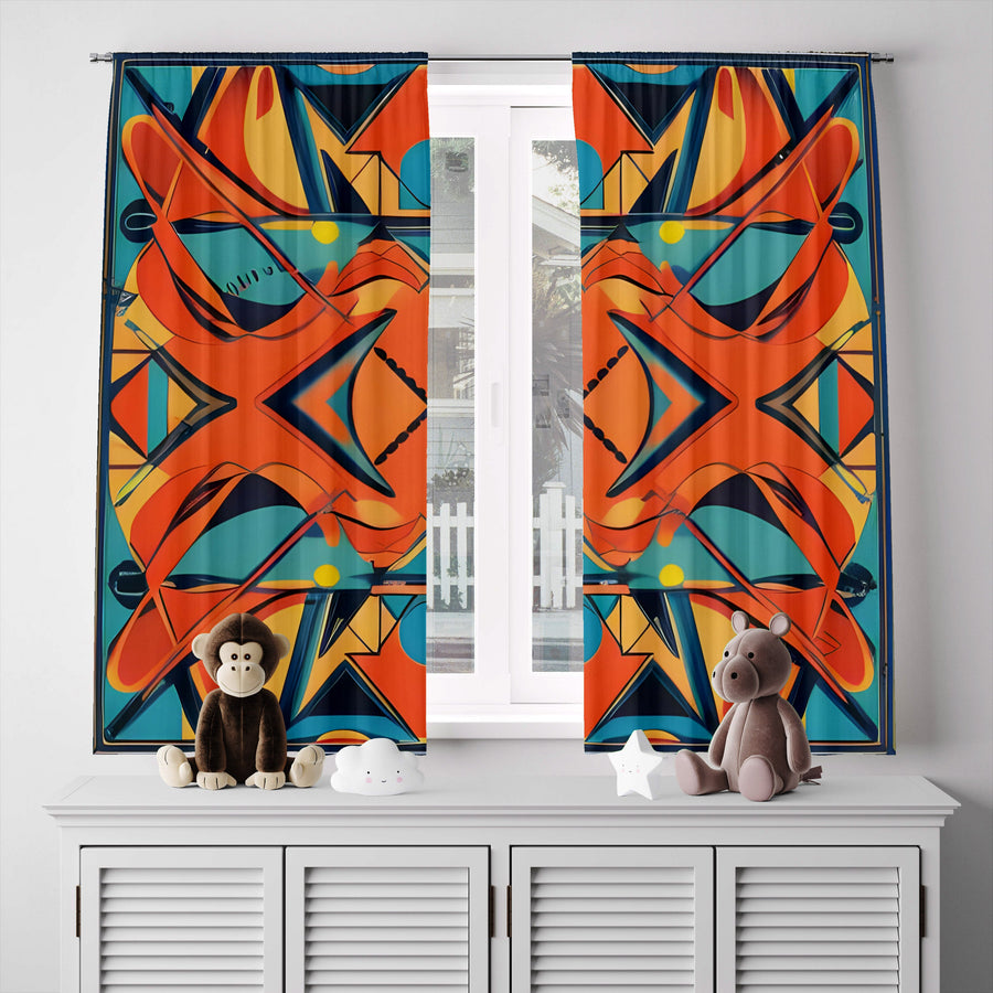 Abstract Window Curtain - Blue and Orange Retro Pattern - Deja Blue Studios