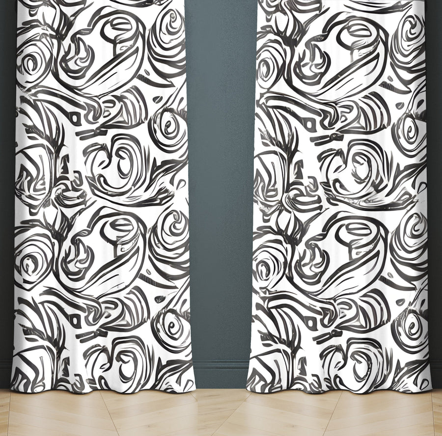 Abstract Window Curtain - Gray and White Swirl Pattern - Deja Blue Studios