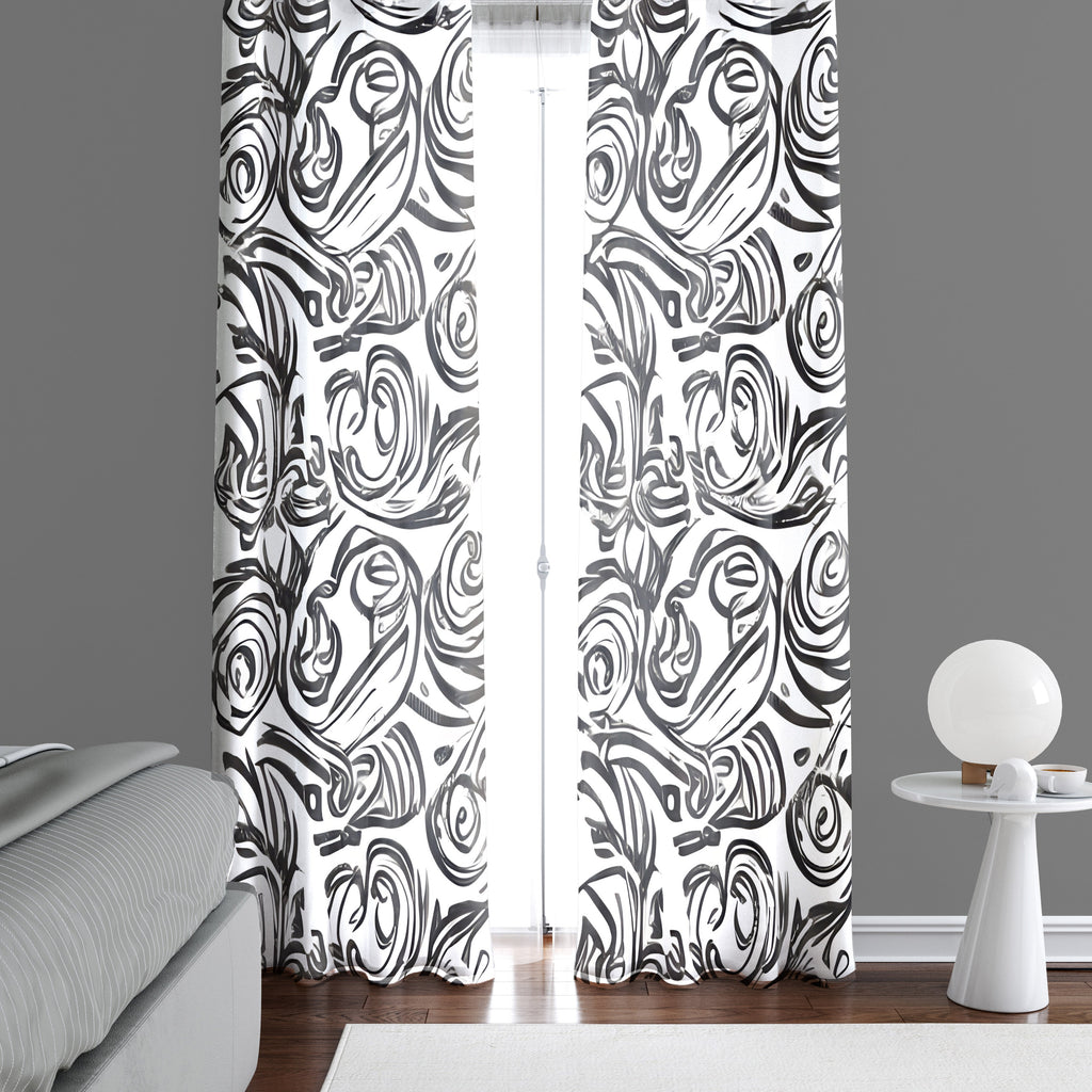 Abstract Window Curtain - Gray and White Swirl Pattern - Deja Blue Studios