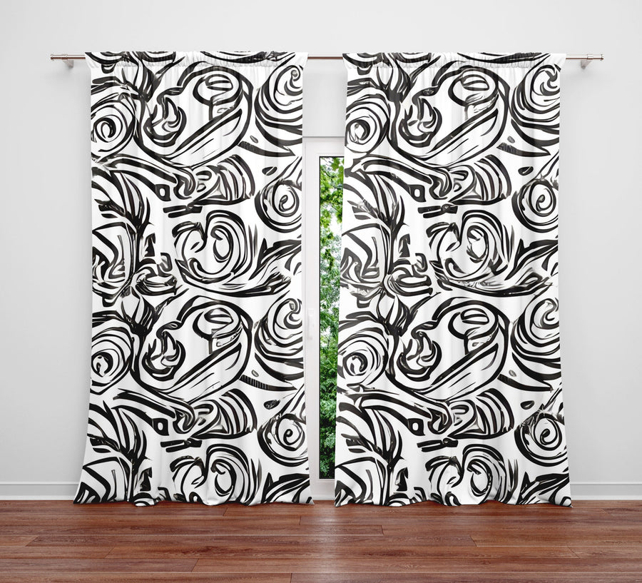 Abstract Window Curtain - Gray and White Swirl Pattern - Deja Blue Studios