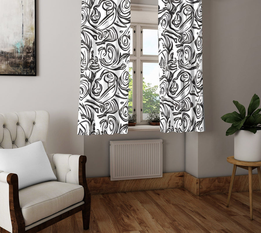 Abstract Window Curtain - Gray and White Swirl Pattern - Deja Blue Studios