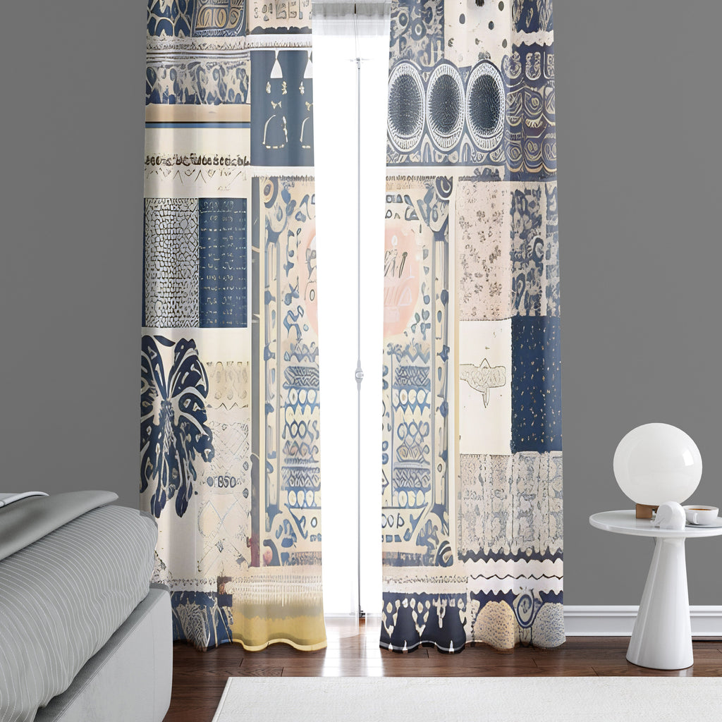 Abstract Window Curtain - Steel Blue and Tan Quilted Pattern - Deja Blue Studios
