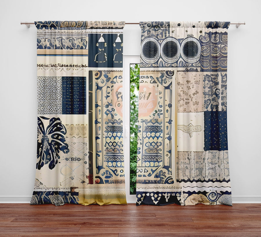 Abstract Window Curtain - Steel Blue and Tan Quilted Pattern - Deja Blue Studios