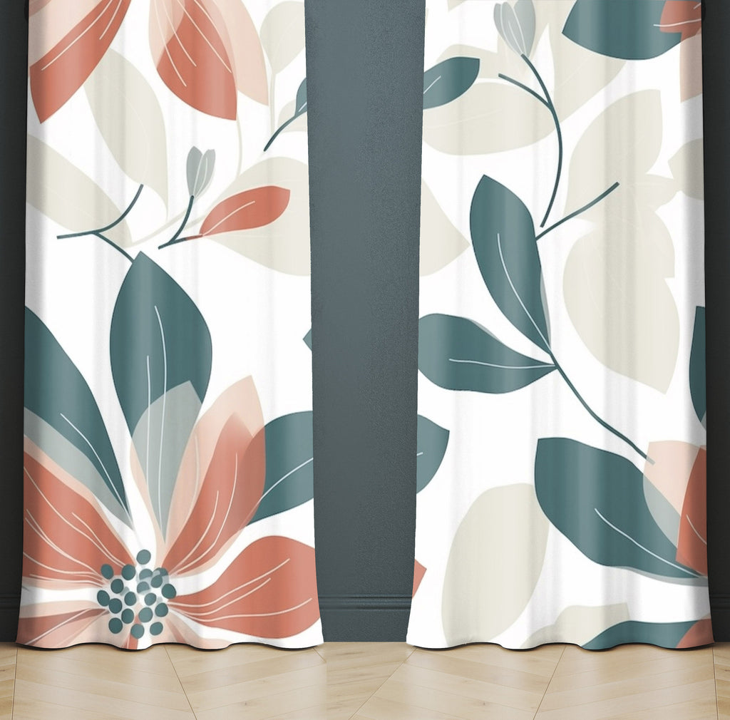 Floral Window Curtain - Orange and Green Peony Leaves - Deja Blue Studios