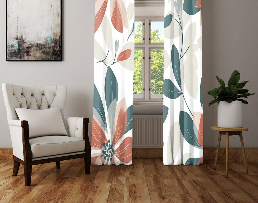 Floral Window Curtain - Orange and Green Peony Leaves - Deja Blue Studios
