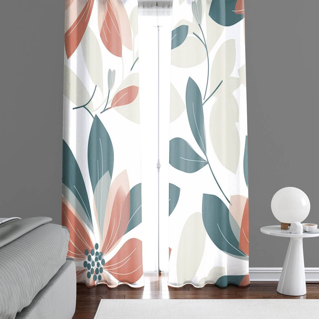 Floral Window Curtain - Orange and Green Peony Leaves - Deja Blue Studios