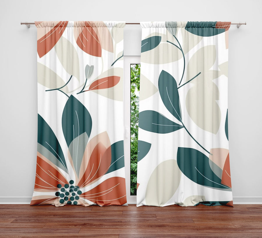 Floral Window Curtain - Orange and Green Peony Leaves - Deja Blue Studios