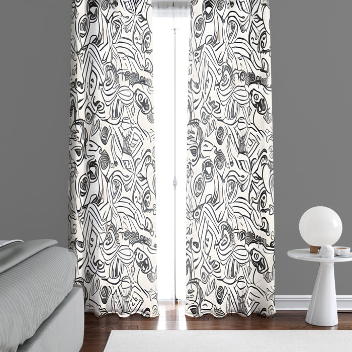Abstract Window Curtain - Black and White Swirly Rabbits - Deja Blue Studios