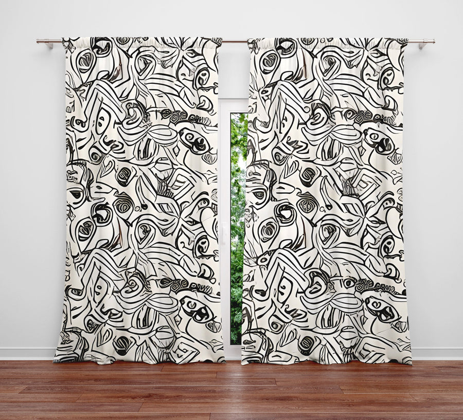 Abstract Window Curtain - Black and White Swirly Rabbits - Deja Blue Studios