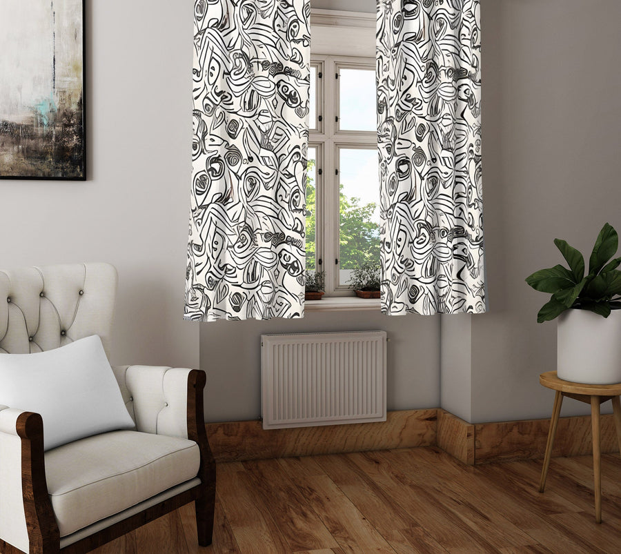Abstract Window Curtain - Black and White Swirly Rabbits - Deja Blue Studios