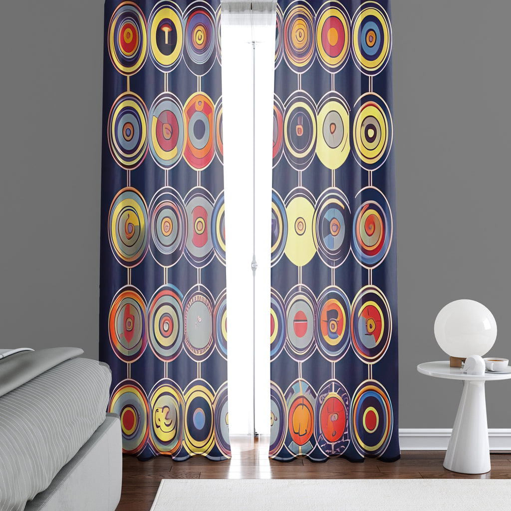 Abstract Window Curtain - Retro Blue and Orange Polka Dots - Deja Blue Studios
