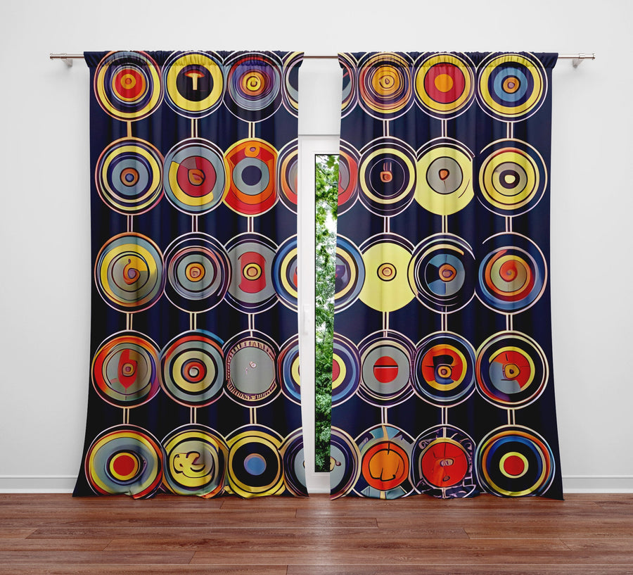 Abstract Window Curtain - Retro Blue and Orange Polka Dots - Deja Blue Studios