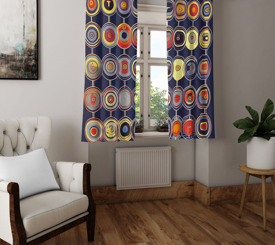 Abstract Window Curtain - Retro Blue and Orange Polka Dots - Deja Blue Studios