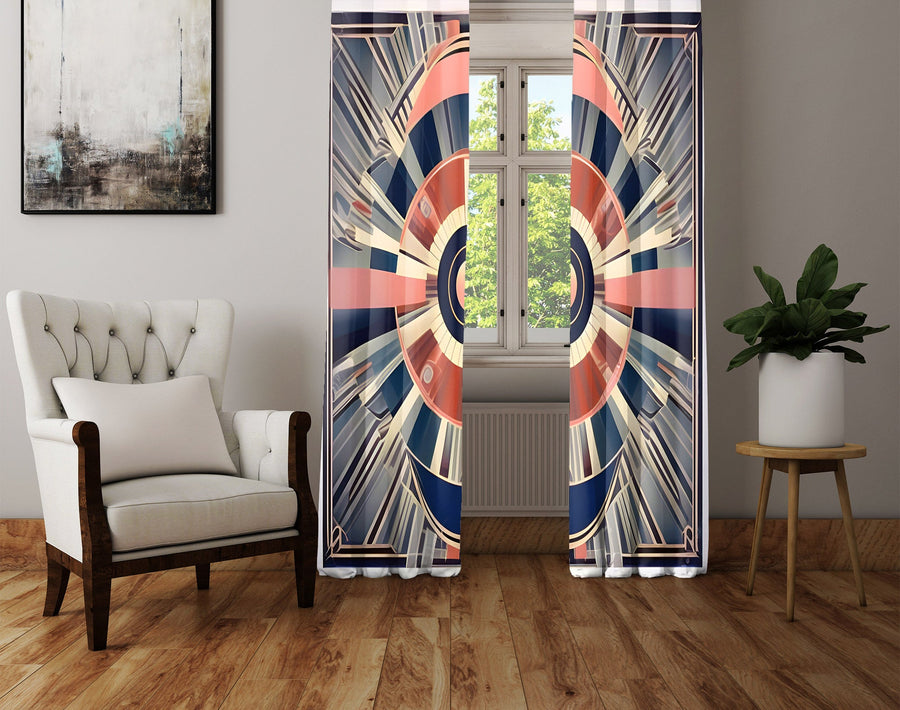 Abstract Window Curtain - Orange and Blue Retro Kaleidoscope - Deja Blue Studios