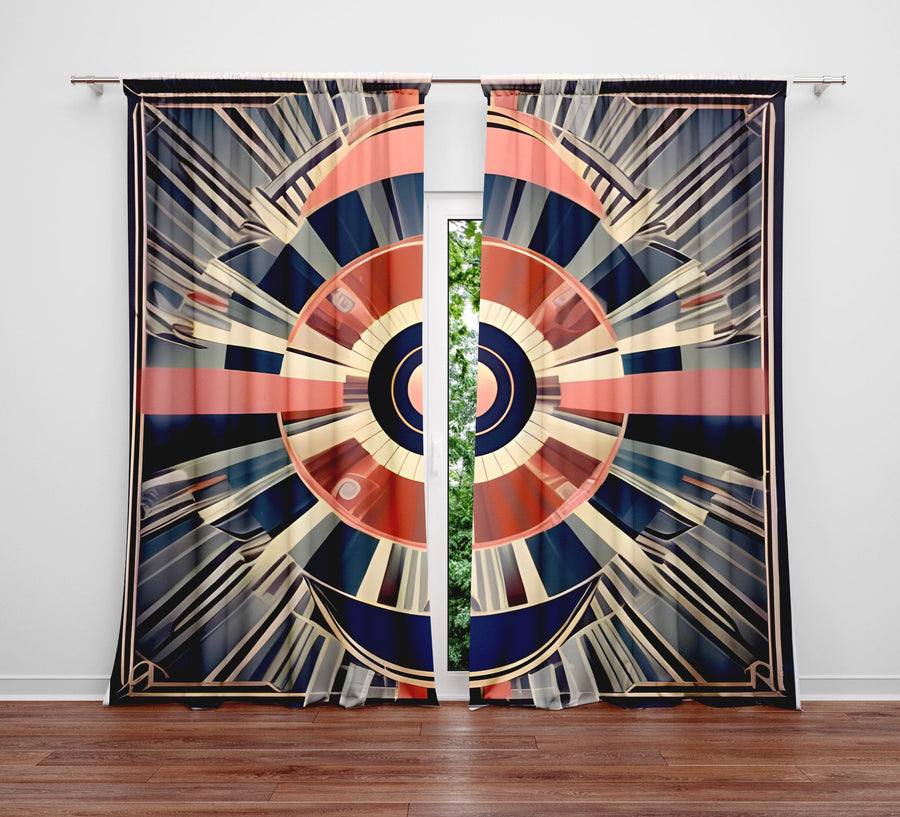 Abstract Window Curtain - Orange and Blue Retro Kaleidoscope - Deja Blue Studios