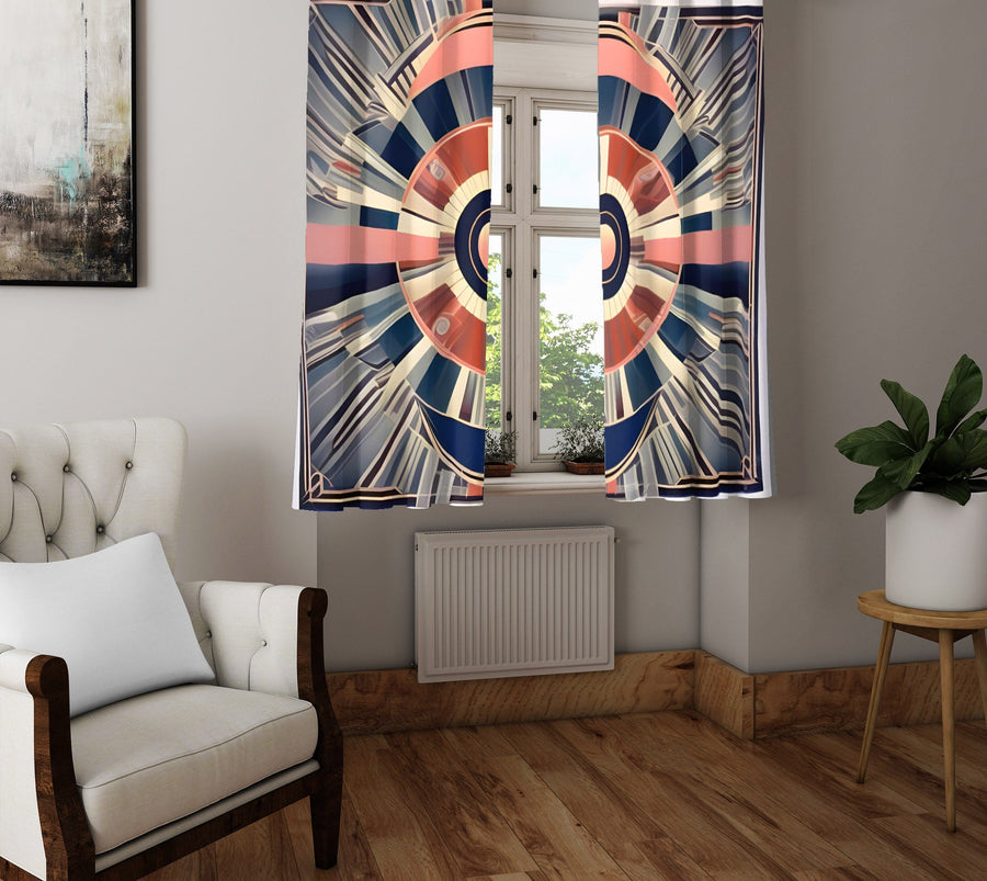 Abstract Window Curtain - Orange and Blue Retro Kaleidoscope - Deja Blue Studios