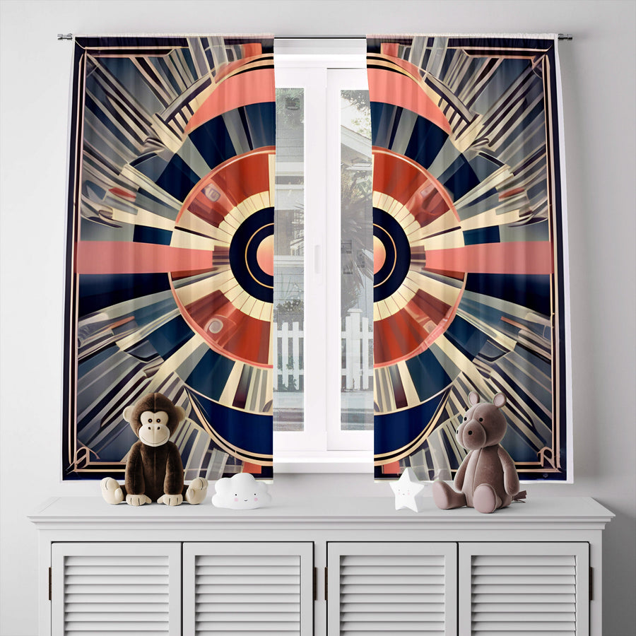 Abstract Window Curtain - Orange and Blue Retro Kaleidoscope - Deja Blue Studios