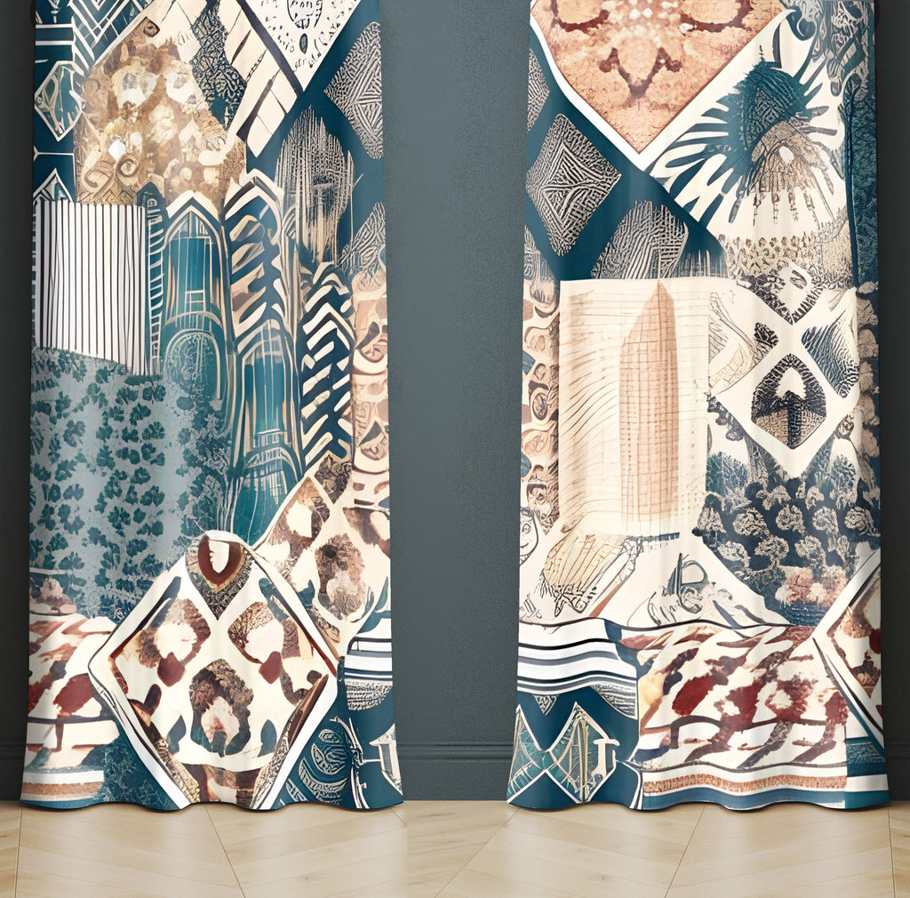 Abstract Window Curtain - Tan and Blue Quilted Pattern - Deja Blue Studios