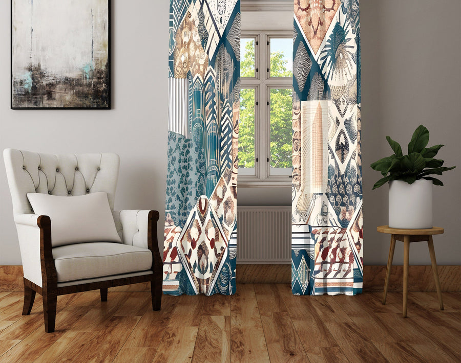 Abstract Window Curtain - Tan and Blue Quilted Pattern - Deja Blue Studios