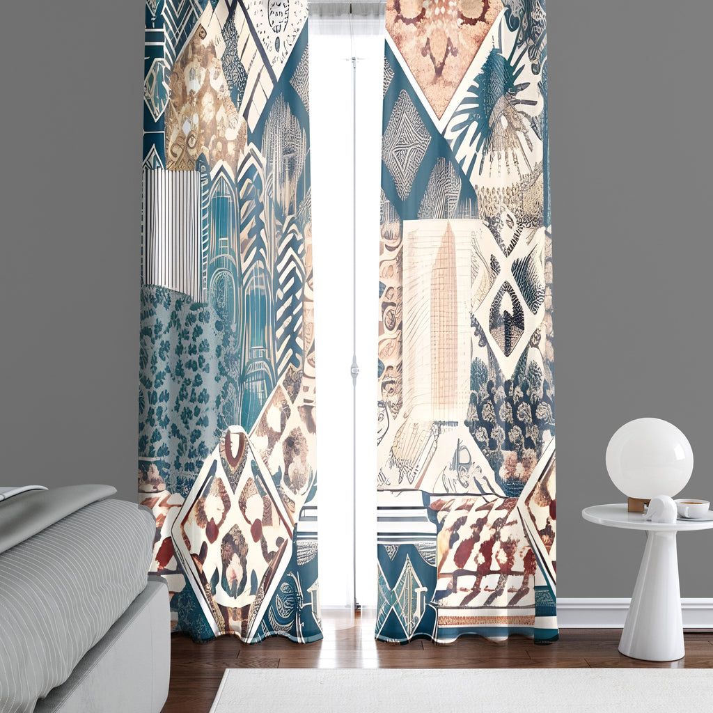 Abstract Window Curtain - Tan and Blue Quilted Pattern - Deja Blue Studios