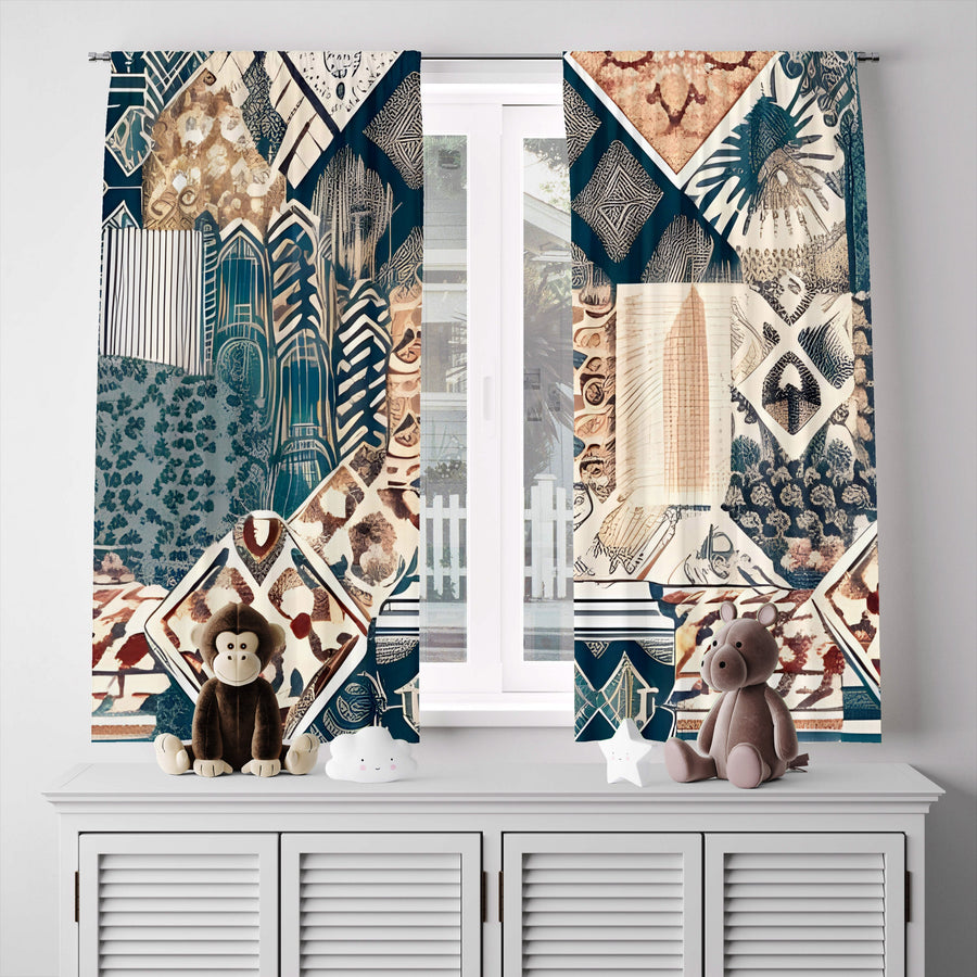 Abstract Window Curtain - Tan and Blue Quilted Pattern - Deja Blue Studios