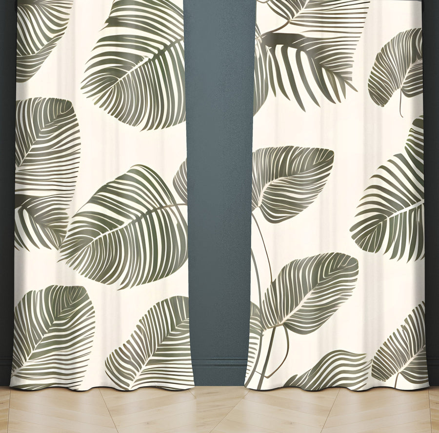 Floral Window Curtain - Green and Tan Monstera Leaves - Deja Blue Studios
