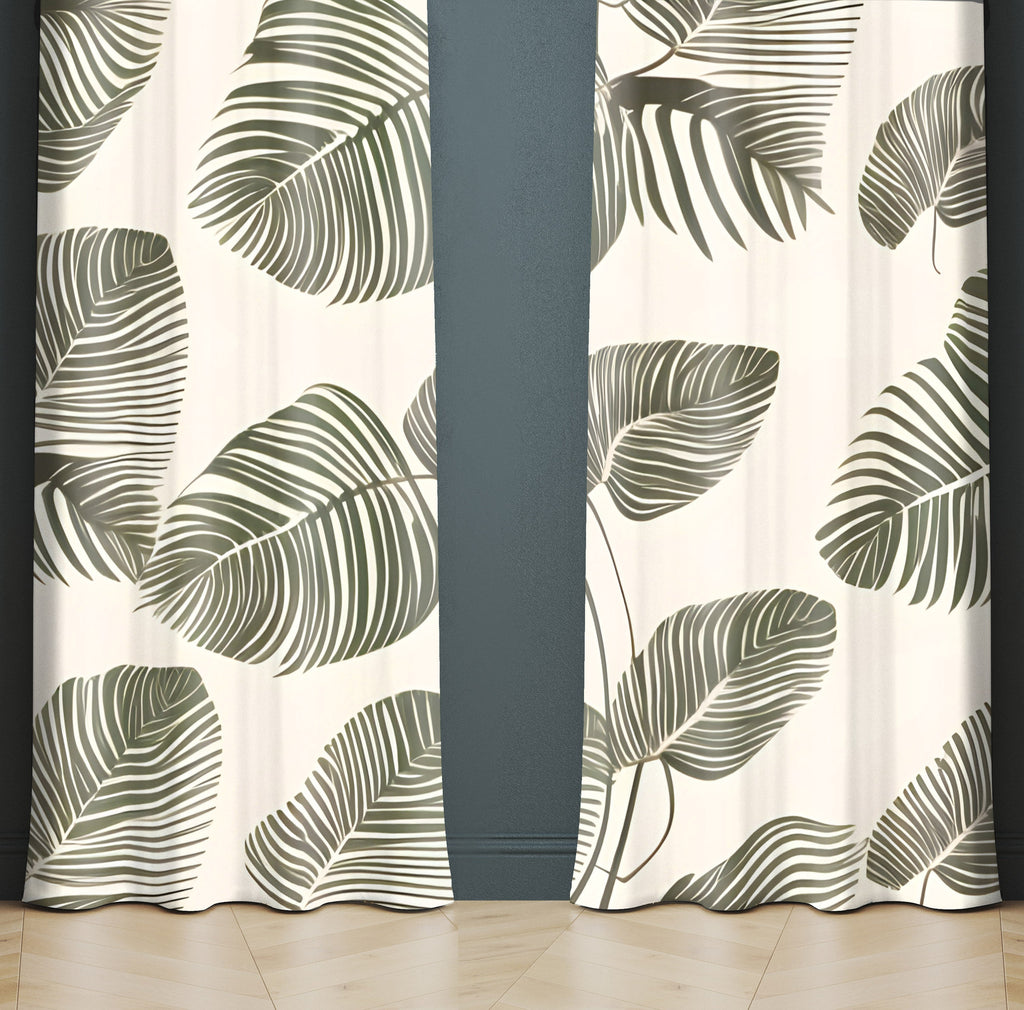 Floral Window Curtain - Green and Tan Monstera Leaves - Deja Blue Studios