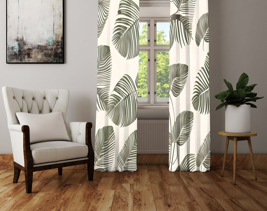 Floral Window Curtain - Green and Tan Monstera Leaves - Deja Blue Studios