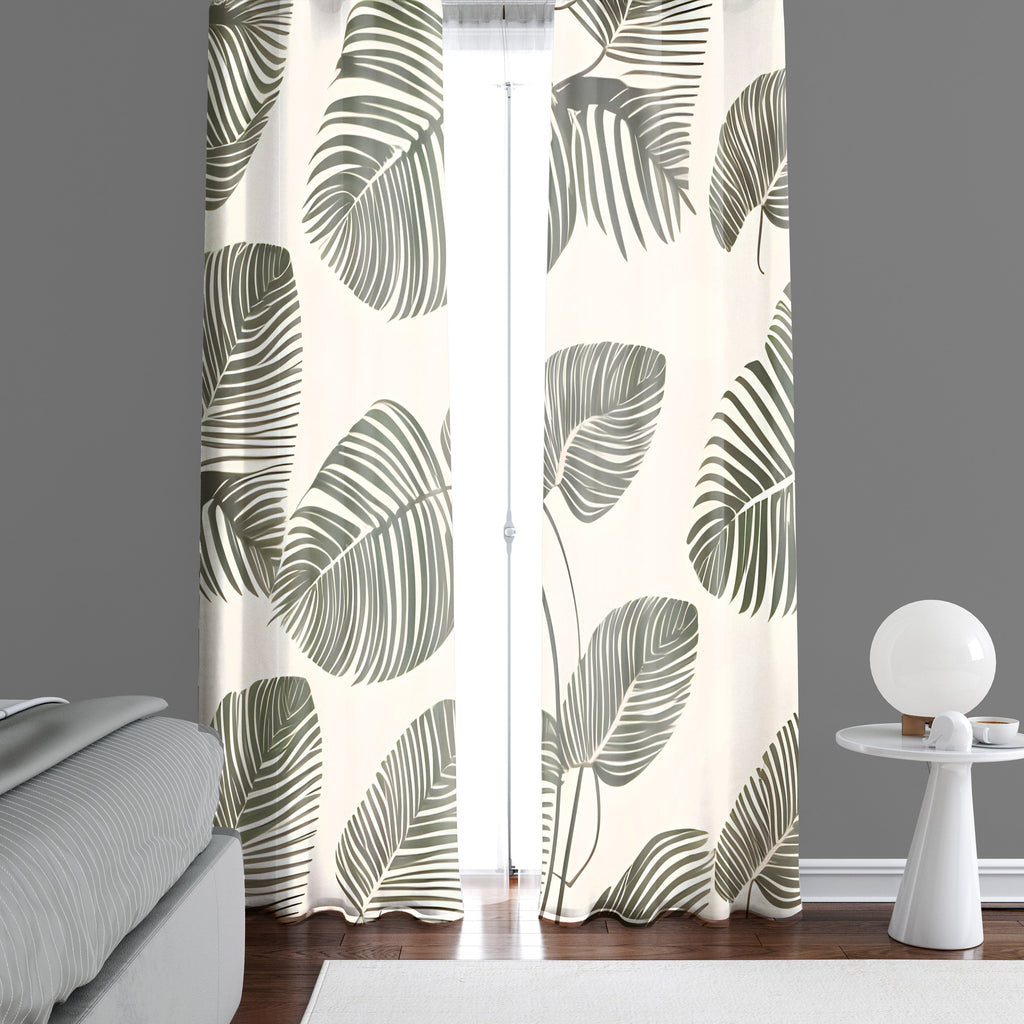 Floral Window Curtain - Green and Tan Monstera Leaves - Deja Blue Studios
