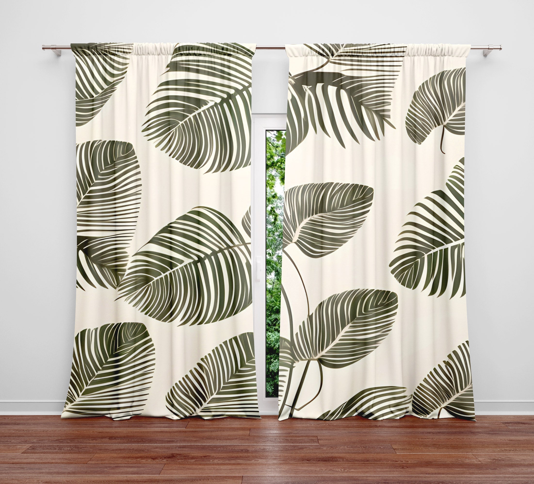 Floral Window Curtain - Green and Tan Monstera Leaves | Deja Blue Studios
