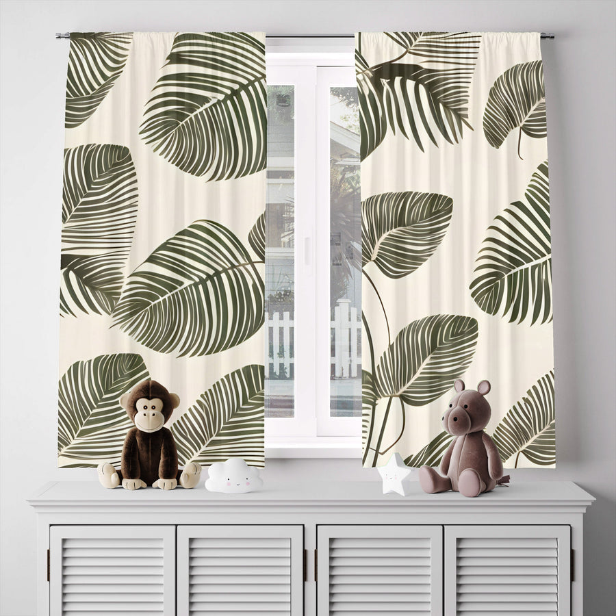 Floral Window Curtain - Green and Tan Monstera Leaves - Deja Blue Studios