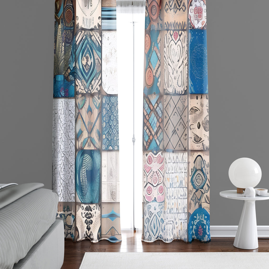 Abstract Window Curtain - Blue and Tan Quilted Pattern - Deja Blue Studios