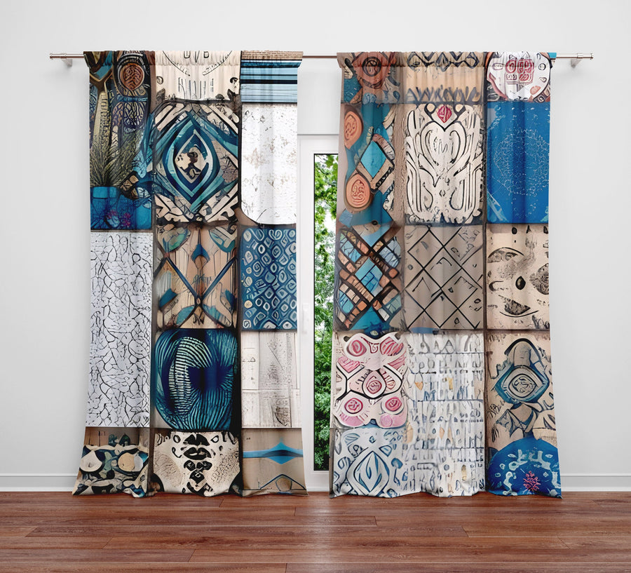 Abstract Window Curtain - Blue and Tan Quilted Pattern - Deja Blue Studios