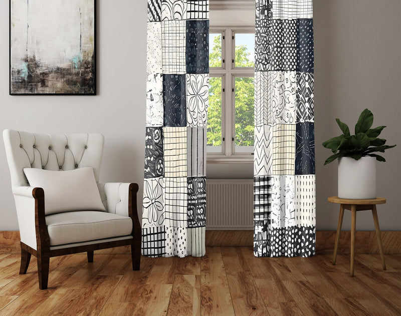 Checkered Window Curtain - Black and White Abstract Pattern - Deja Blue Studios