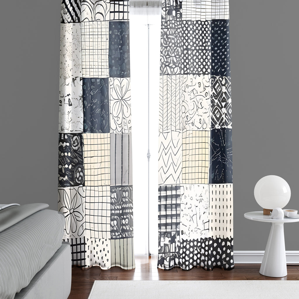 Checkered Window Curtain - Black and White Abstract Pattern - Deja Blue Studios