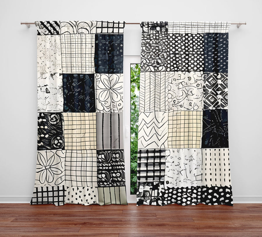 Checkered Window Curtain - Black and White Abstract Pattern - Deja Blue Studios