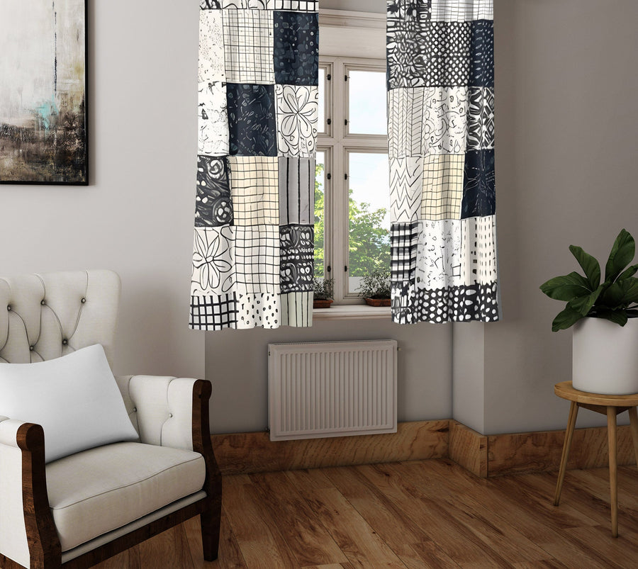 Checkered Window Curtain - Black and White Abstract Pattern - Deja Blue Studios