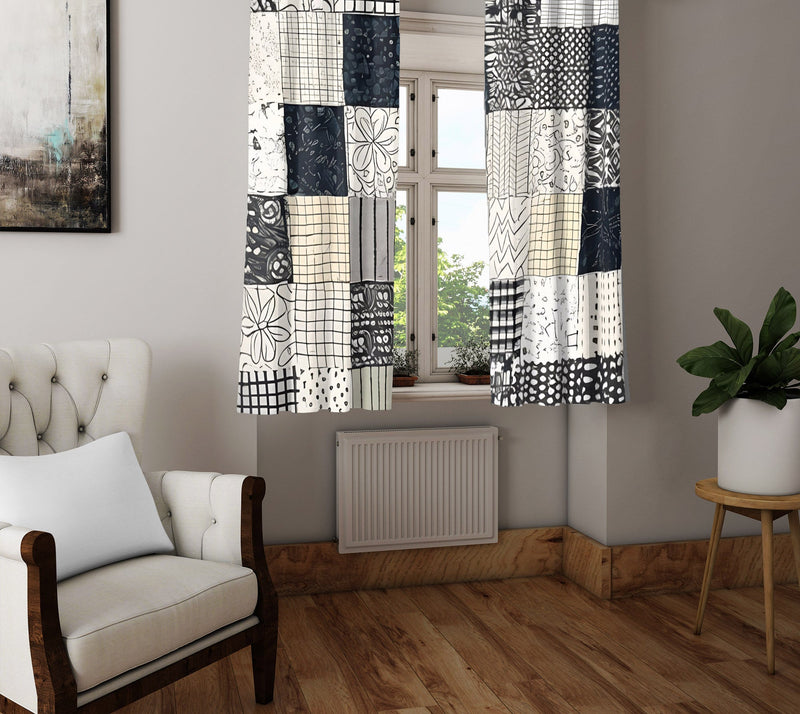 Checkered Window Curtain - Black and White Abstract Pattern - Deja Blue Studios