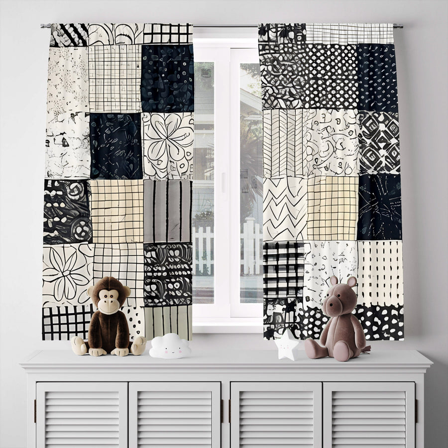 Checkered Window Curtain - Black and White Abstract Pattern - Deja Blue Studios