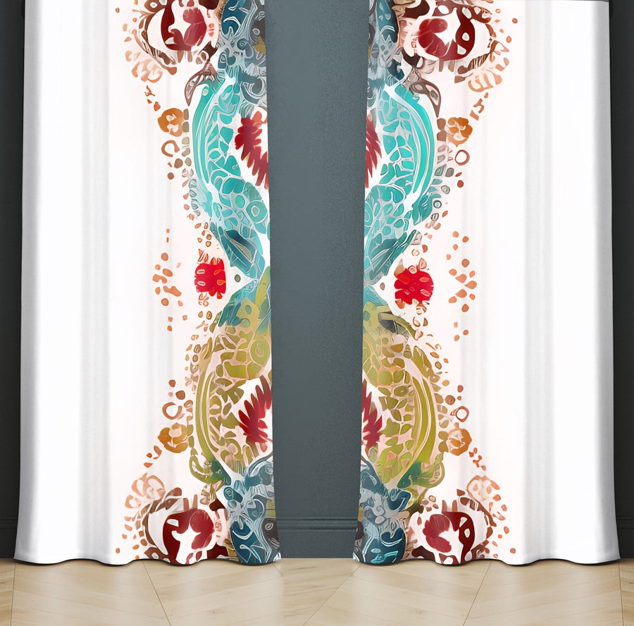 Abstract Window Curtain - Blue, Red, and Gold Wavy Feathered Pattern - Deja Blue Studios