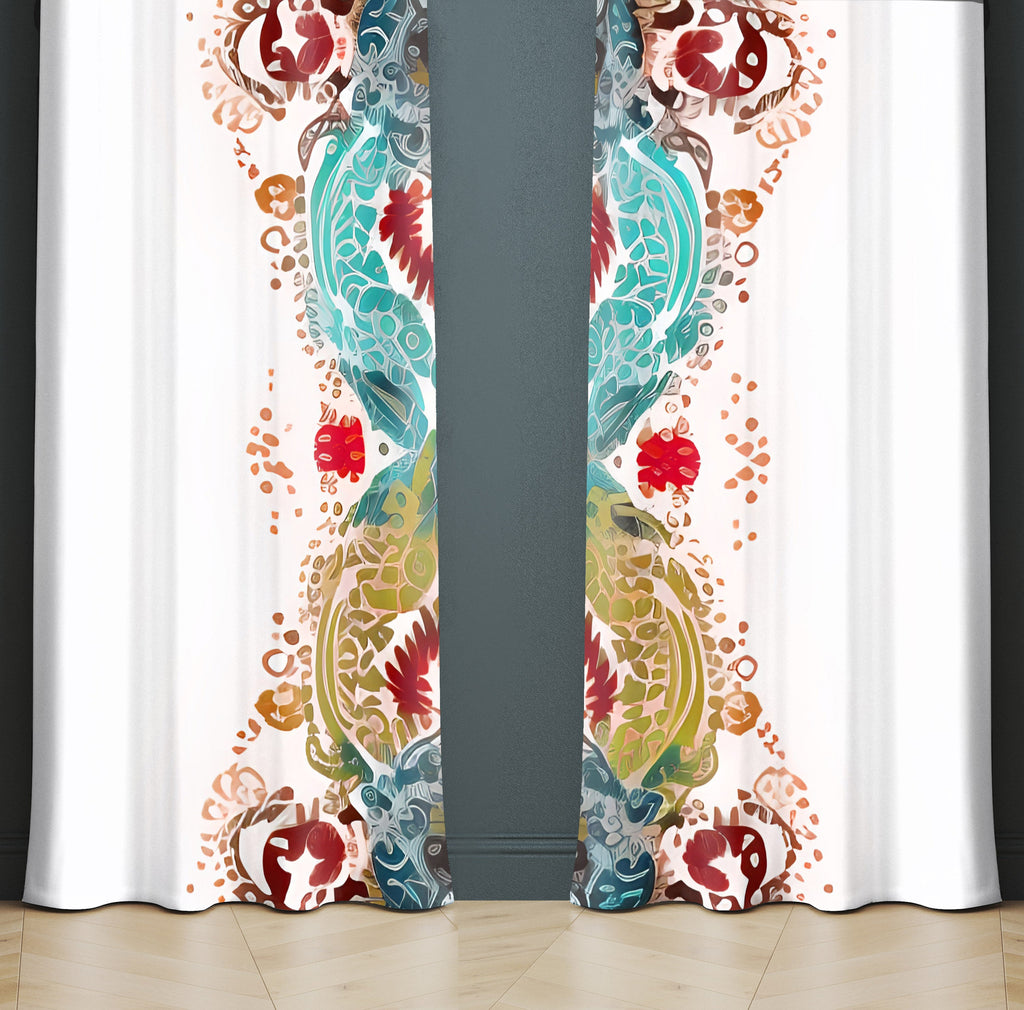 Abstract Window Curtain - Blue, Red, and Gold Wavy Feathered Pattern - Deja Blue Studios