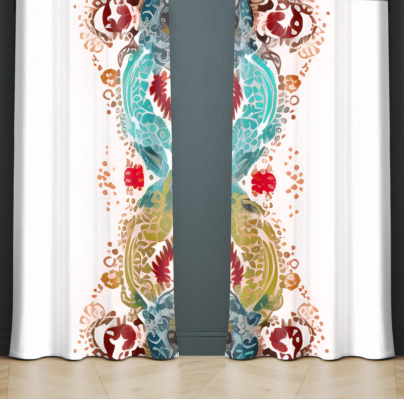 Abstract Window Curtain - Blue, Red, and Gold Wavy Feathered Pattern - Deja Blue Studios